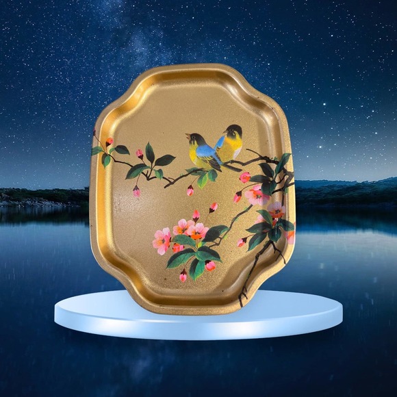 VTG Tin Trinket Tray w blue /yellow birds cherry Blossoms made in England - Picture 3 of 6